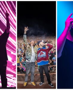photo of collage of, from left to right, subtronics, zeds dead, and claude vonstroke, all pointing their hands in the sky