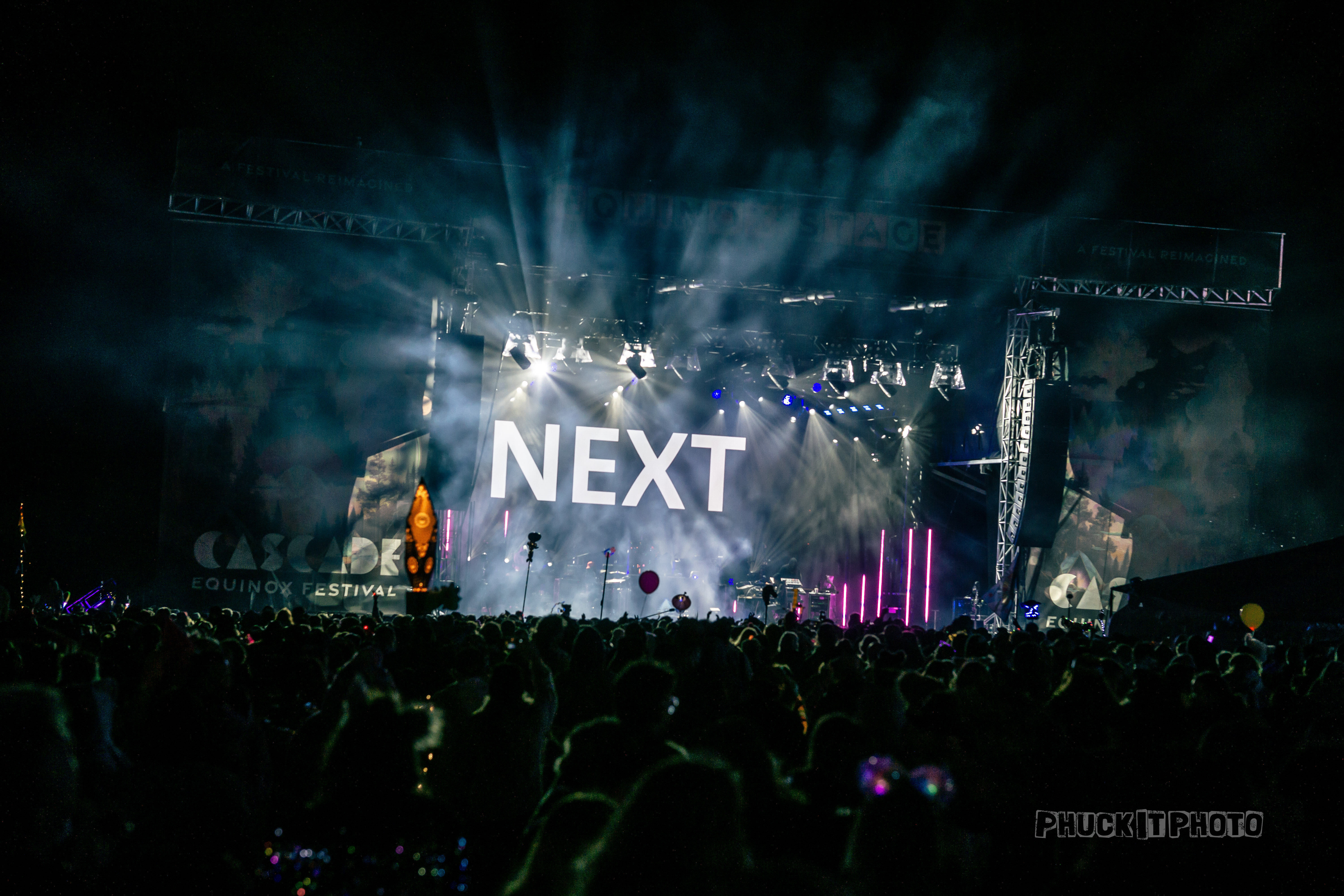 Mainstage at the Cascade Equinox festival featuring the word "NEXT" on screen