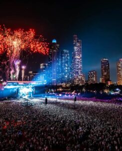 Lollapalooza 2023 main stage at night ft. fireworks and stage lights